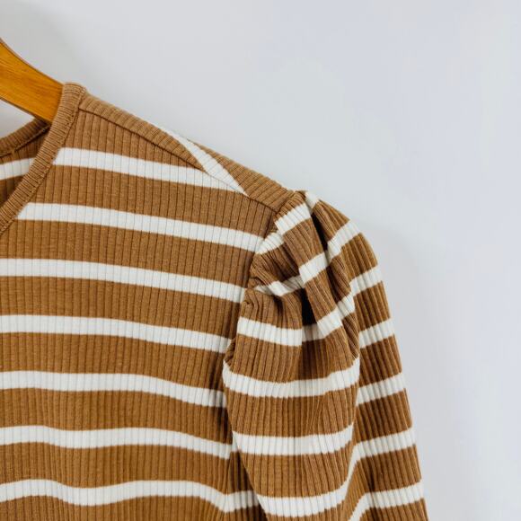 Ann Taylor Weekend Tan White Striped Puff Shoulder Ribbed Long Sleeve Top Size L - Picture 4 of 7